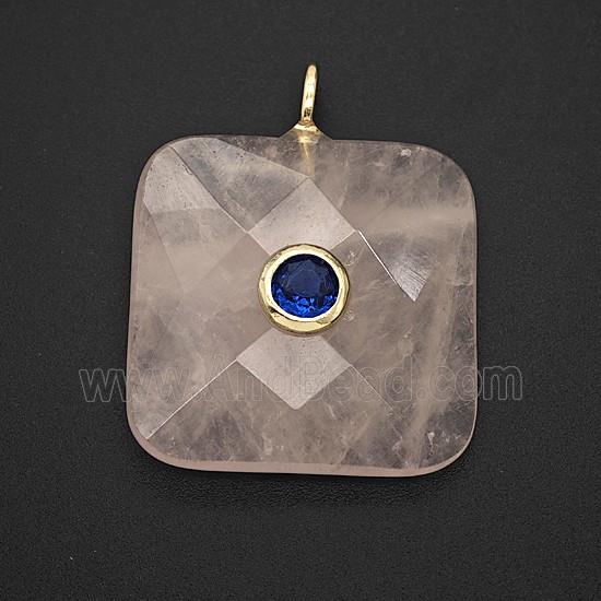 Natural Pink Rose Quartz Square Pendant Pave Zirconia Faceted