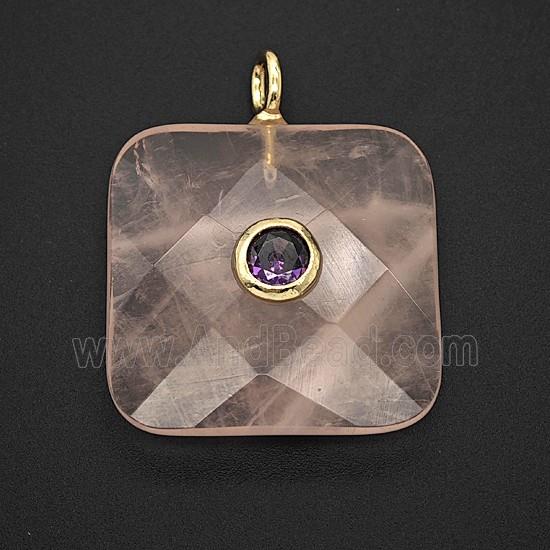Natural Pink Rose Quartz Square Pendant Pave Zirconia Faceted