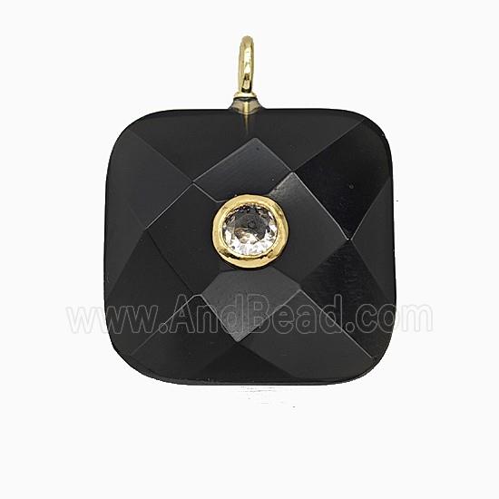 Natural Black Obsidian Square Pendant Pave Zirconia Faceted