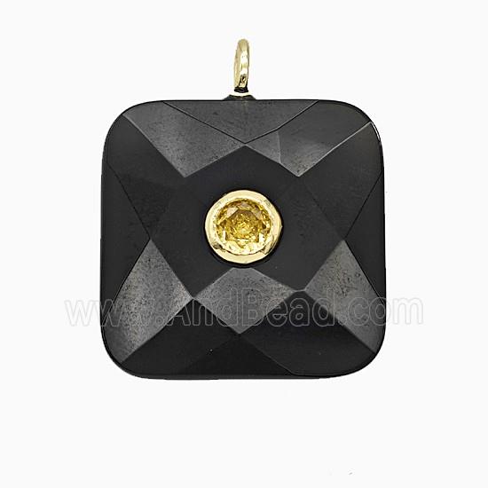 Natural Black Obsidian Square Pendant Pave Zirconia Faceted