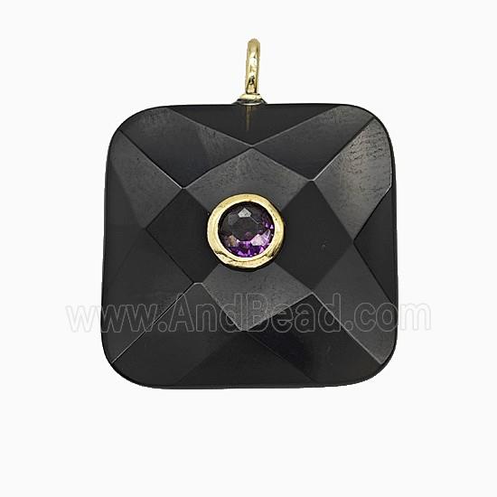 Natural Black Obsidian Square Pendant Pave Zirconia Faceted