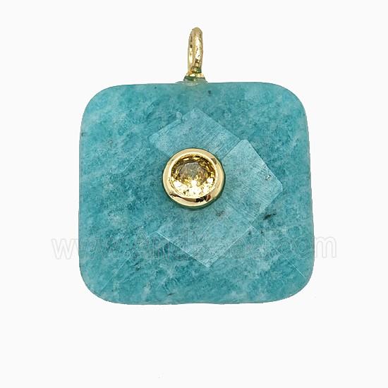 Natural Green Amazonite Square Pendant Pave Zirconia Faceted