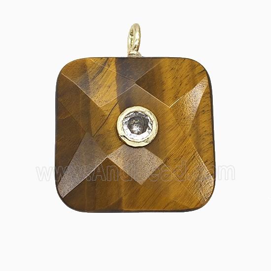Natural Tiger Eye Stone Square Pendant Pave Zirconia Faceted