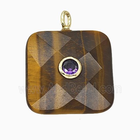 Natural Tiger Eye Stone Square Pendant Pave Zirconia Faceted