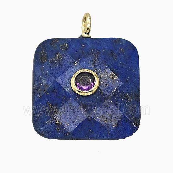 Natural Blue Lapis Lazuli Square Pendant Pave Zirconia Faceted
