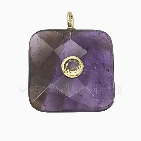 Natural Purple Amethyst Square Pendant Pave Zirconia Faceted