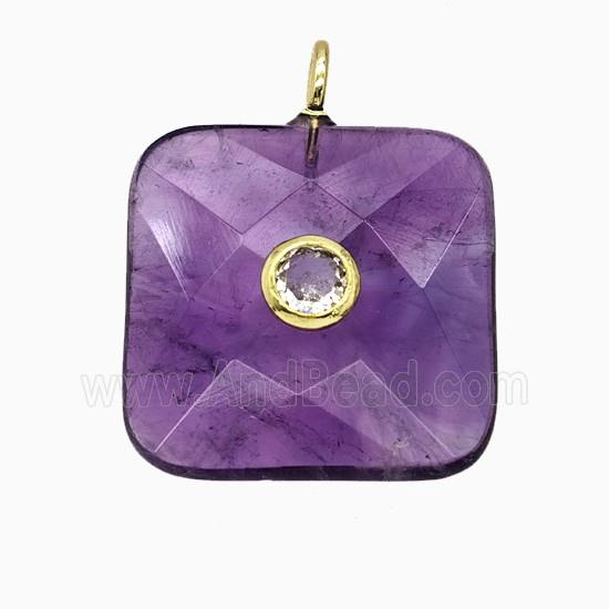 Natural Purple Amethyst Square Pendant Pave Zirconia Faceted