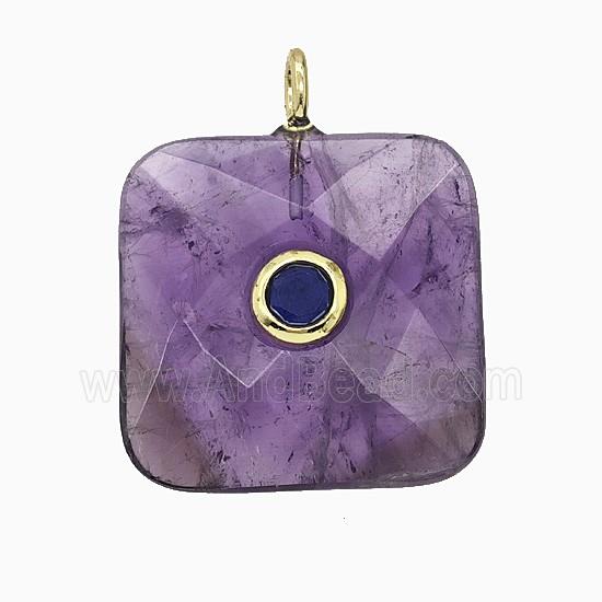 Natural Purple Amethyst Square Pendant Pave Zirconia Faceted