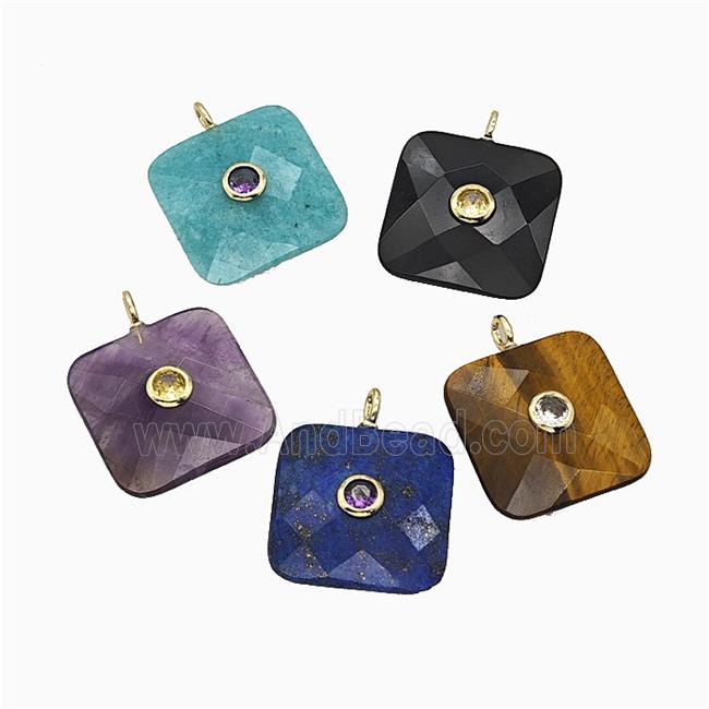 Natural Gemstone Square Pendant Pave Zirconia Faceted Mixed