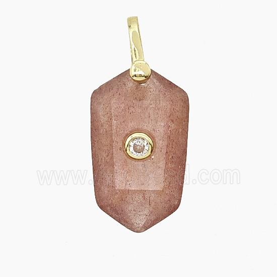 Natural Pink Strawberry Quartz Prism Pendant Pave Zirconia