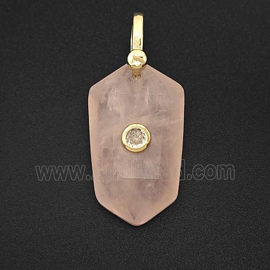 Natural Pink Rose Quartz Prism Pendant Pave Zirconia
