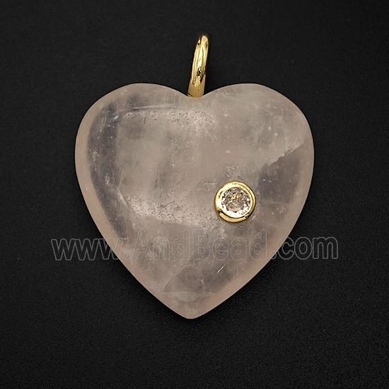 Natural Pink Rose Quartz Heart Pendant Pave Zirconia