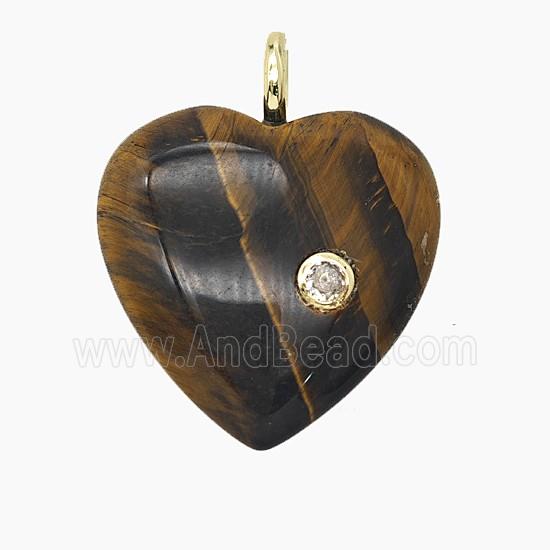 Natural Tiger Eye Stone Heart Pendant Pave Zirconia