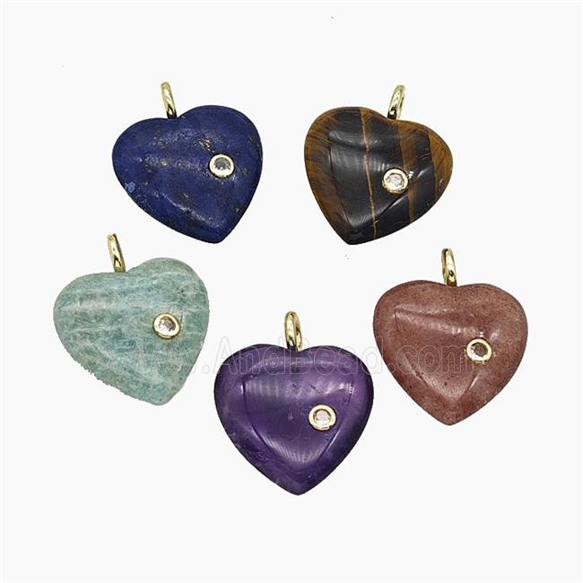 Natural Gemstone Heart Pendant Pave Zirconia Mix