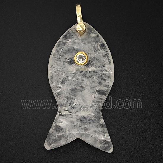 Natural Clear Crystal Quartz Fish Pendant Pave Zirconia