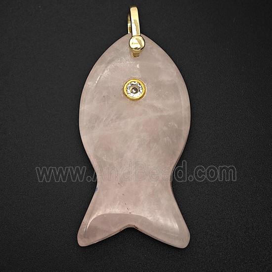 Natural Pink Rose Quartz Fish Pendant Pave Zirconia