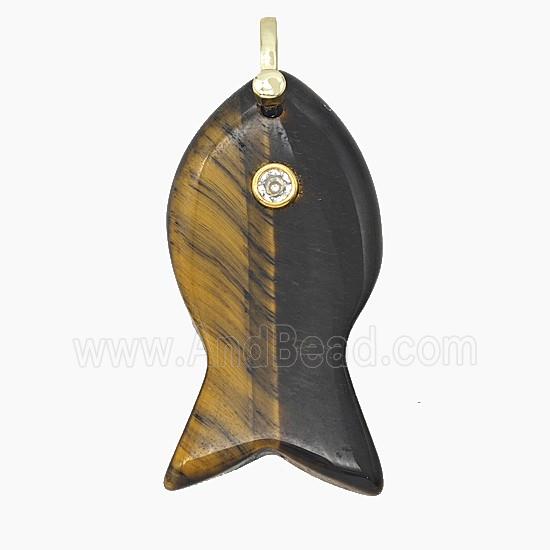 Natural Tiger Eye Stone Fish Pendant Pave Zirconia