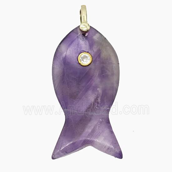Natural Purple Amethyst Fish Pendant Pave Zirconia
