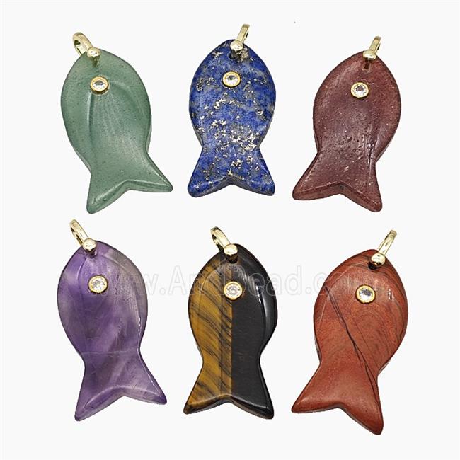 Natural Gemstone Fish Pendant Pave Zirconia Mix
