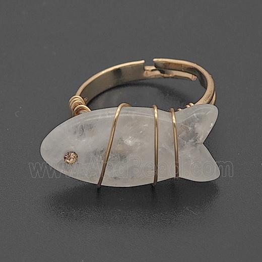 Clear Crystal Quartz Fish Copper Rings Wire Wrapped Gold Plated