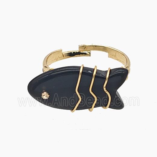 Black Obsidian Fish Copper Rings Wire Wrapped Gold Plated