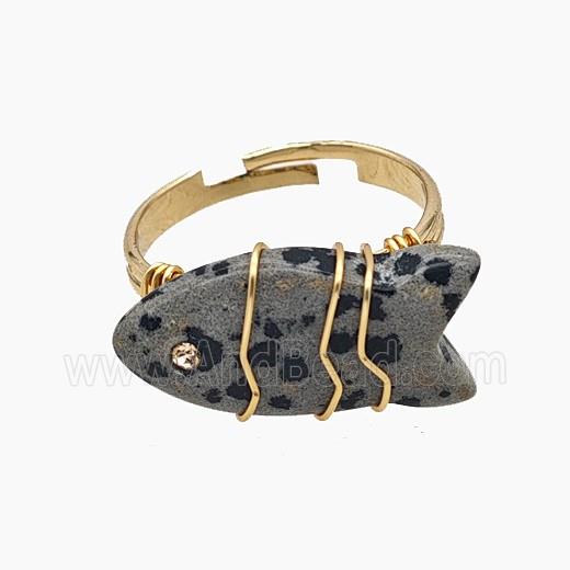 Black Dalmatian Jasper Fish Copper Rings Wire Wrapped Gold Plated