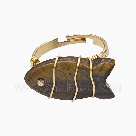 Tiger Eye Stone Fish Copper Rings Wire Wrapped Gold Plated
