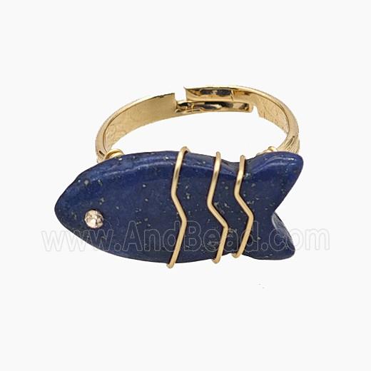 Blue Lapis Lazuli Fish Copper Rings Wire Wrapped Gold Plated