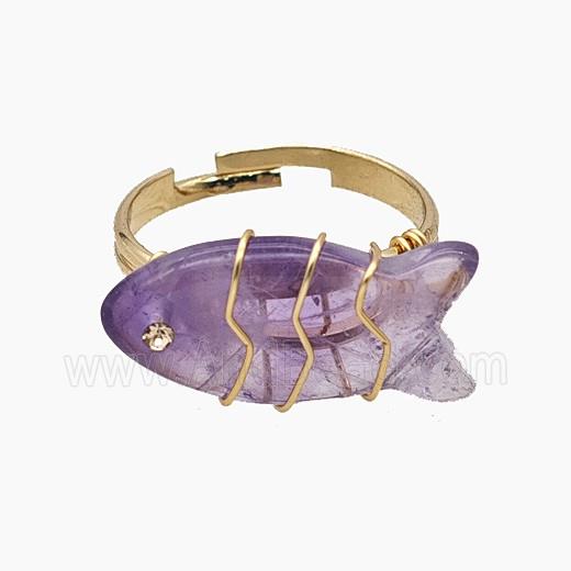 Purple Amethyst Fish Copper Rings Wire Wrapped Gold Plated