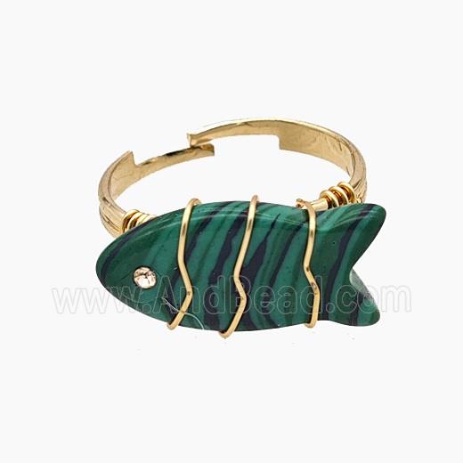 Synthetic Malachite Fish Copper Rings Wire Wrapped Gold Plated