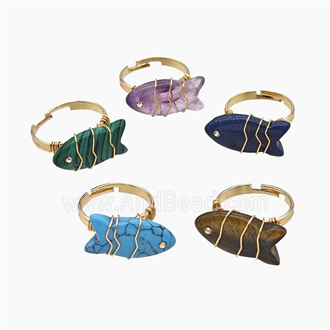 Gemstone Fish Copper Rings Wire Wrapped Gold Plated Mix