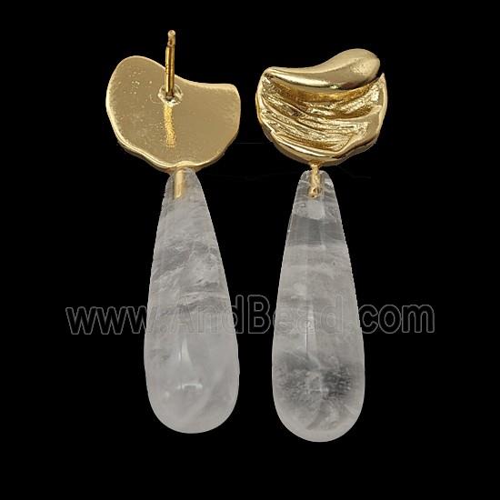 Clear Crystal Quartz Teardrop Copper Stud Earrings Gold Plated