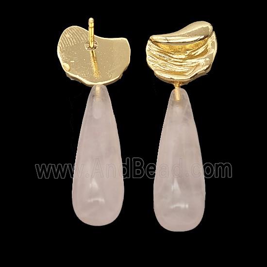 Rose Quartz Teardrop Copper Stud Earrings Gold Plated