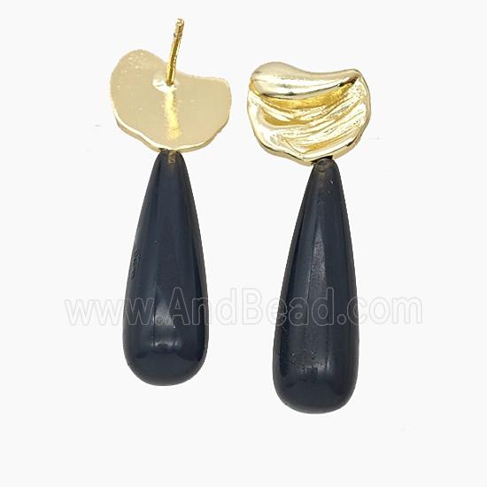 Black Obsidian Teardrop Copper Stud Earrings Gold Plated