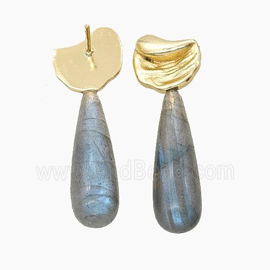 Labradorite Teardrop Copper Stud Earrings Gold Plated