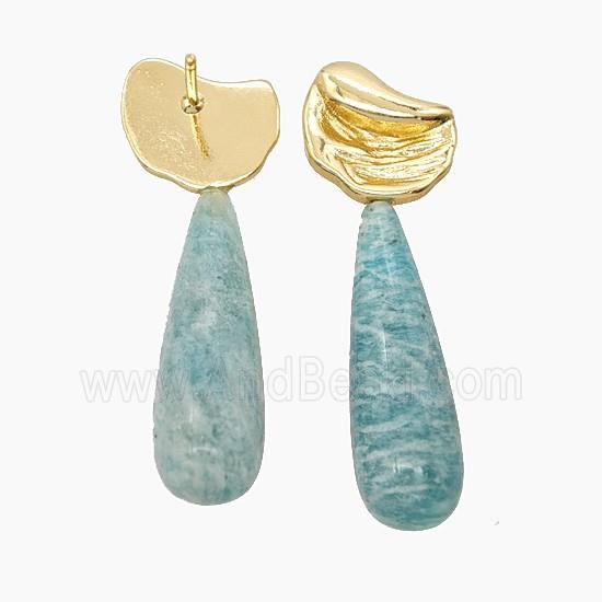 Green Amazonite Teardrop Copper Stud Earrings Gold Plated