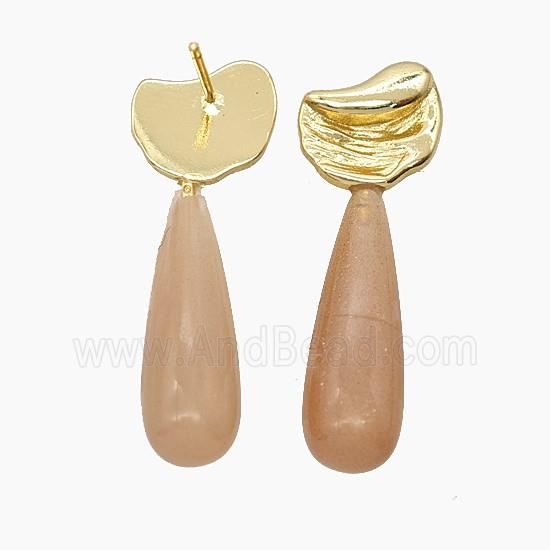 Peach Sunstone Teardrop Copper Stud Earrings Gold Plated