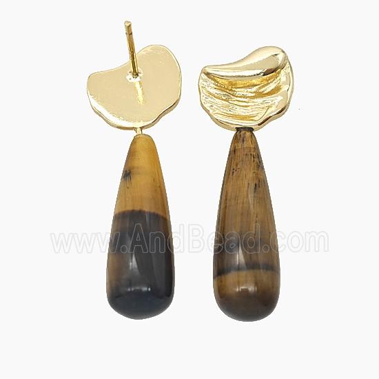 Tiger Eye Stone Teardrop Copper Stud Earrings Gold Plated