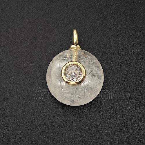 Natural Clear Crystal Quartz Coin Pendant Pave Zirconia