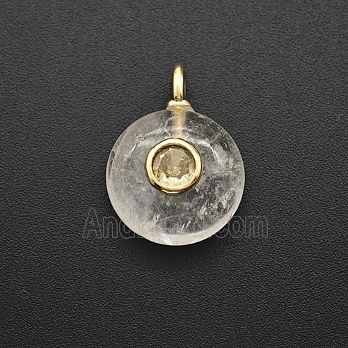 Natural Clear Crystal Quartz Coin Pendant Pave Zirconia