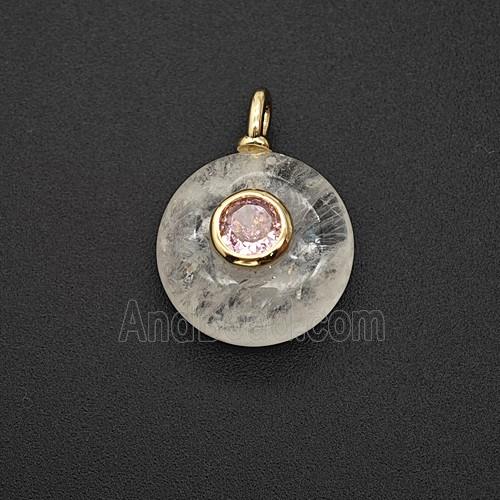 Natural Clear Crystal Quartz Coin Pendant Pave Zirconia