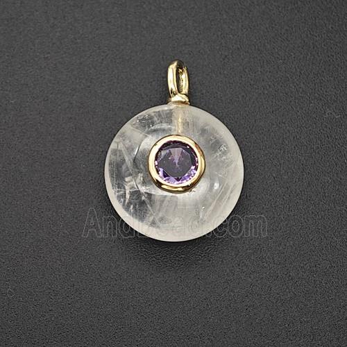 Natural Clear Crystal Quartz Coin Pendant Pave Zirconia