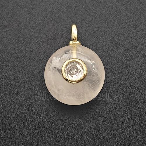 Natural Pink Rose Quartz Coin Pendant Pave Zirconia