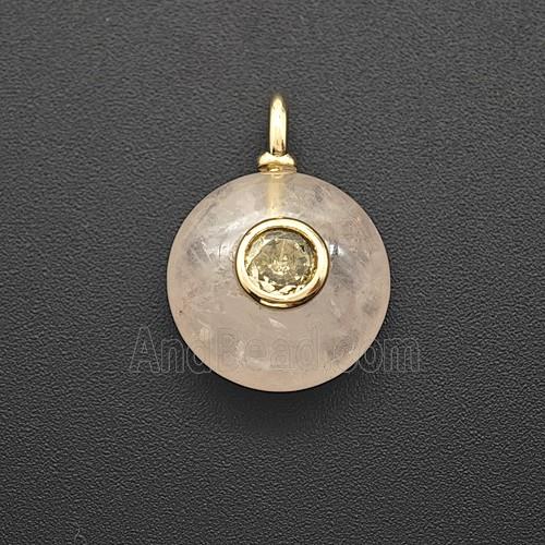 Natural Pink Rose Quartz Coin Pendant Pave Zirconia