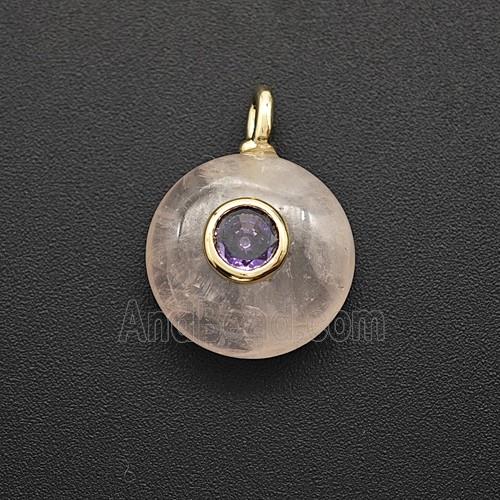 Natural Pink Rose Quartz Coin Pendant Pave Zirconia