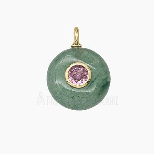 Green Strawberry Quartz Coin Pendant Pave Zirconia