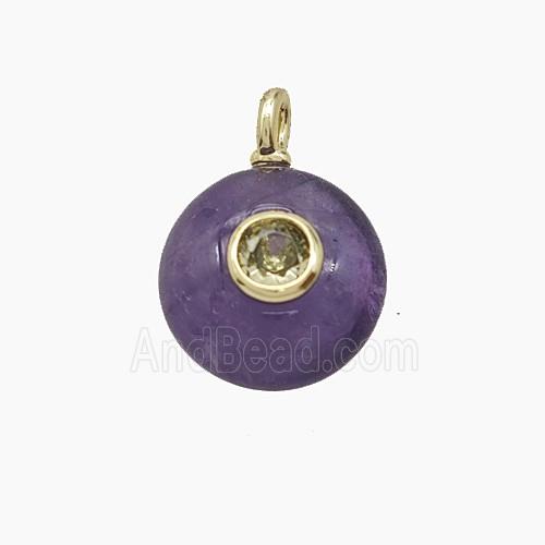 Natural Purple Amethyst Coin Pendant Pave Zirconia