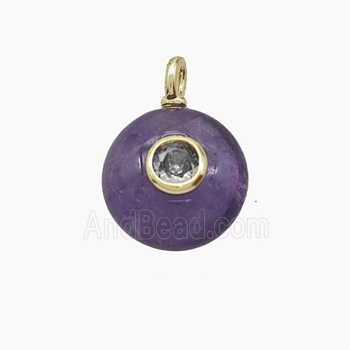 Natural Purple Amethyst Coin Pendant Pave Zirconia