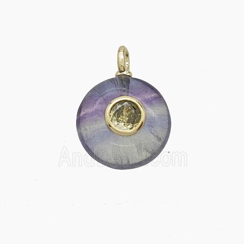 Natural Fluorite Coin Pendant Pave Zirconia