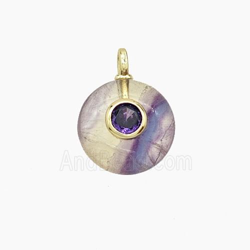 Natural Fluorite Coin Pendant Pave Zirconia